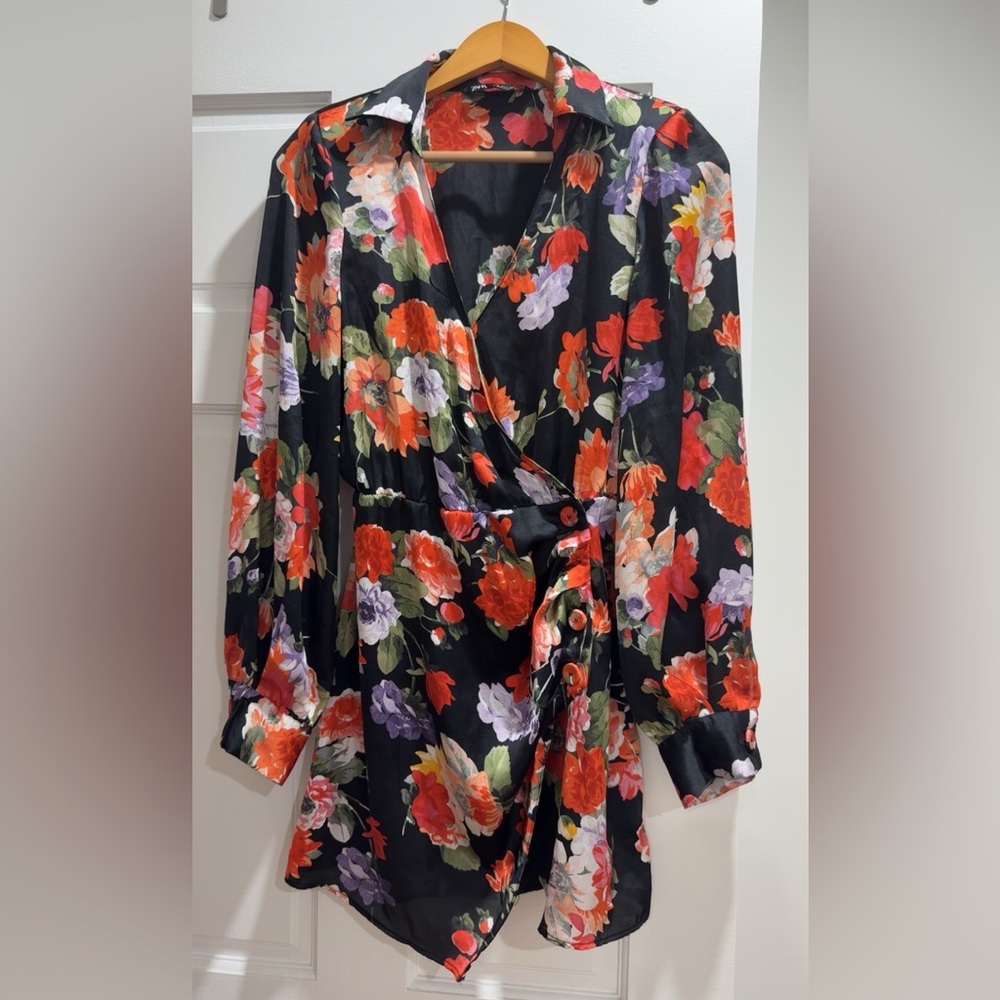 Zara Black Floral Dress with Red and Pink Accents